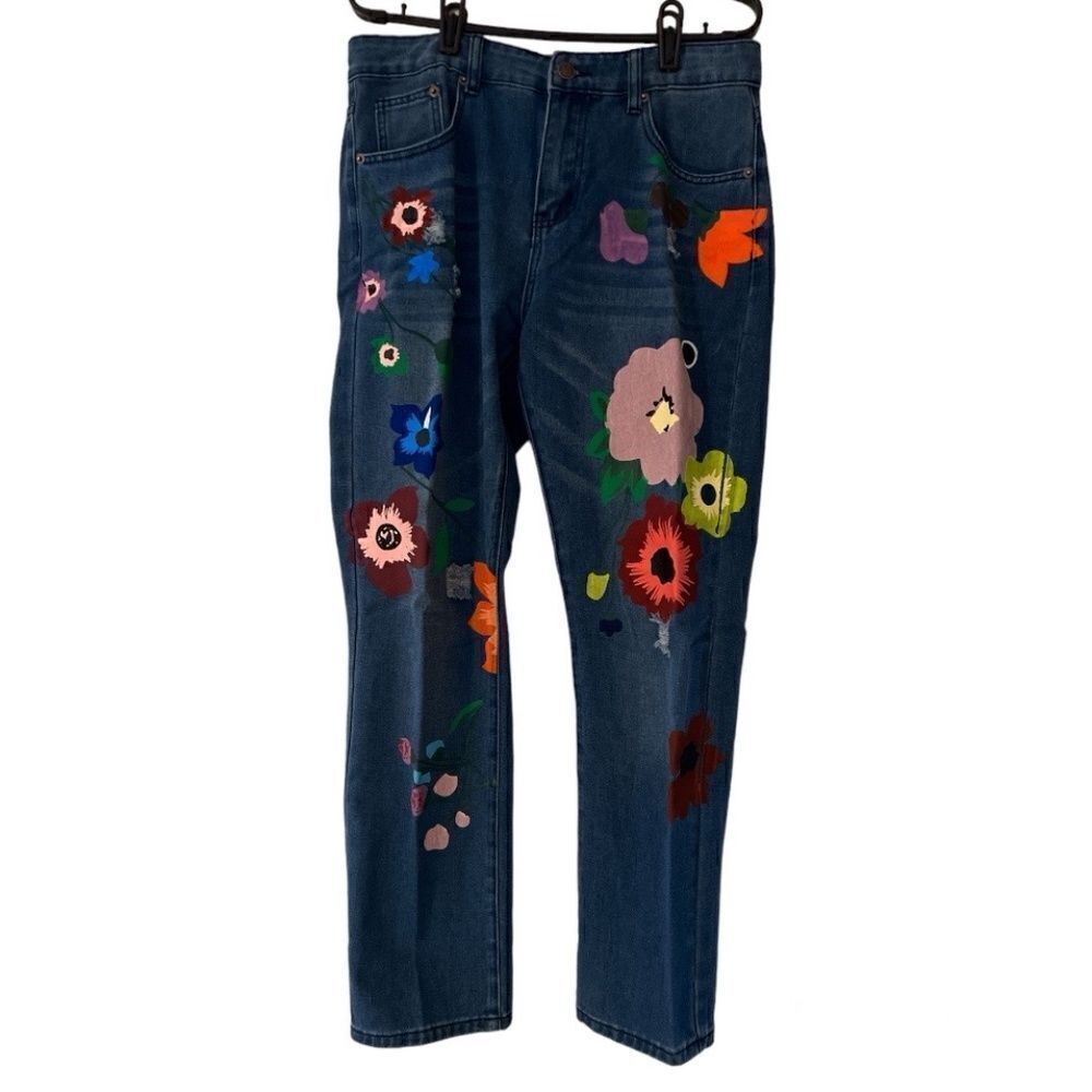 Misslook Hi Rise Straight Leg Dark Rinse Jeans with Painted Flowers size M